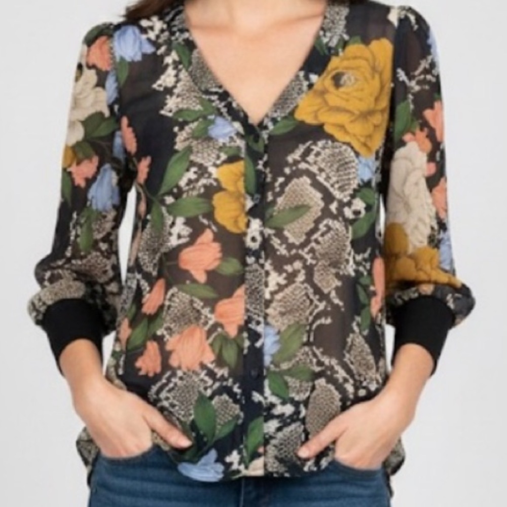 CAbi Snake Charmer Floral Semi Sheer Top